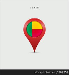 Teardrop map marker with flag of Benin. Dahomey flag inserted in the location map pin. 3D vector illustration isolated on light grey background.. Teardrop map marker with flag of Benin. 3D vector illustration