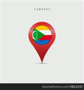 Teardrop map marker with flag of Comoros. Union of the Comoros flag inserted in the location map pin. 3D vector illustration isolated on light grey background.. Teardrop map marker with flag of Comoros. 3D vector illustration