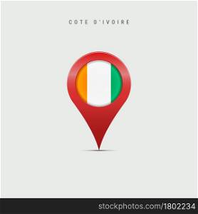 Teardrop map marker with flag of Cote d Ivoire. Ivory Coast flag inserted in the location map pin. 3D vector illustration isolated on light grey background.. Teardrop map marker with flag of Cote d Ivoire. 3D vector illustration