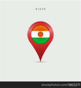Teardrop map marker with flag of Niger. Nigerian flag inserted in the location map pin. 3D vector illustration isolated on light grey background.. Teardrop map marker with flag of Niger. 3D vector illustration