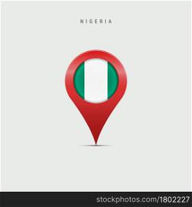Teardrop map marker with flag of Nigeria. Nigerian flag inserted in the location map pin. 3D vector illustration isolated on light grey background.. Teardrop map marker with flag of Nigeria. 3D vector illustration