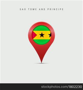 Teardrop map marker with flag of Sao Tome and Principe. Saint Thomas and Prince flag inserted in the location map pin. 3D vector illustration isolated on light grey background.. Teardrop map marker with flag of Sao Tome and Principe. 3D vector illustration