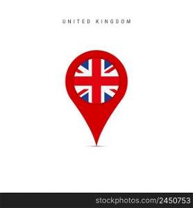 Teardrop map marker with flag of United Kingdom. British flag inserted in the location map pin. Flat vector illustration isolated on white background.. Teardrop map marker with flag of United Kingdom. Flat vector illustration isolated on white