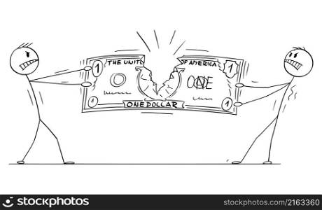 Tearing dollar bill, two businessmen fighting for money, vector cartoon stick figure or character illustration.. Two Businessmen Fighting for Tearing Dollar Bill, Vector Cartoon Stick Figure Illustration