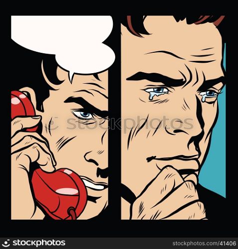 Tears and pain men who spoke by phone, pop art retro comic book vector illustration