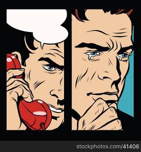 Tears and pain men who spoke by phone, pop art retro comic book vector illustration