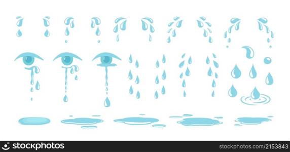 Tears drops. Water drop, crying eyes. Emotional expression eye with teardrop. Cartoon rain and puddle vector elements. Illustration drop tear and cry from eyes isolated. Tears drops. Water drop, crying eyes. Emotional expression eye with teardrop. Cartoon rain and puddle vector elements