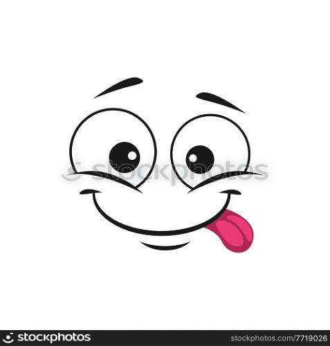 Teasing smiley, pleased yummy emoji isolated emoticon icon. Vector emoji speech bubble or chatbot, tasty food, enjoy of gourmet snack. Social network emoticon, trendy smile in line art style. Smiley with tongue isolated pleased emoji icon