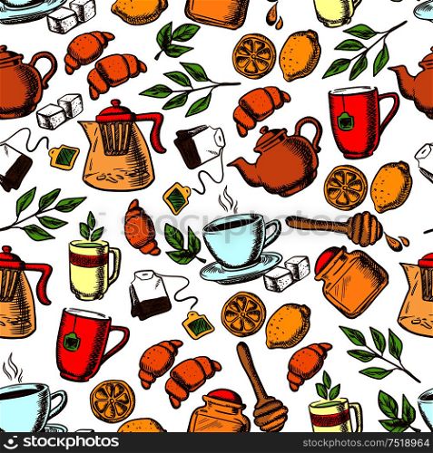 Teatime seamless background. Wallpaper with vector pattern icons of tea, dessert, sweets, teapot, croissant, cup, honey sticks, lemon, sugar tea leaves. Tea time and desserts seamless background