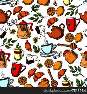 Teatime seamless background. Wallpaper with vector pattern icons of tea, dessert, sweets, teapot, croissant, cup, honey sticks, lemon, sugar tea leaves. Tea time and desserts seamless background
