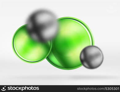 Tech blurred spheres and round circles with glossy and metallic surface. Tech blurred spheres and round circles with glossy and metallic surface. Vector realistic 3d objects, hi-tech technology abstract background