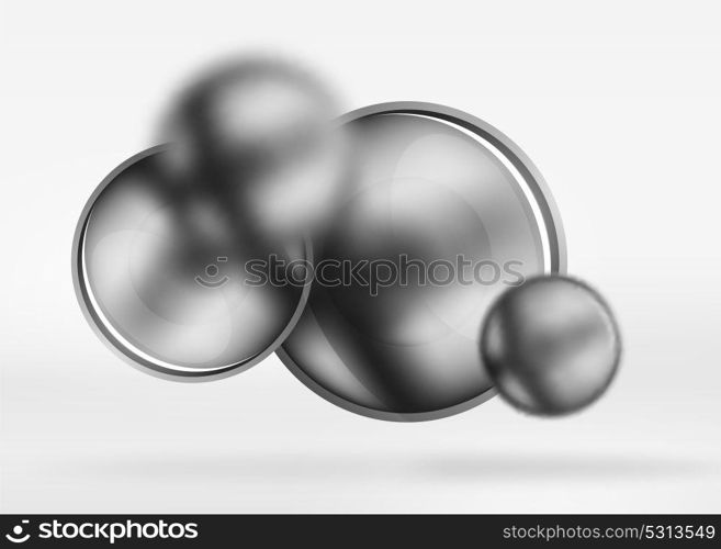 Tech blurred spheres and round circles with glossy and metallic surface. Tech blurred spheres and round circles with glossy and metallic surface. Vector realistic 3d objects, hi-tech technology abstract background