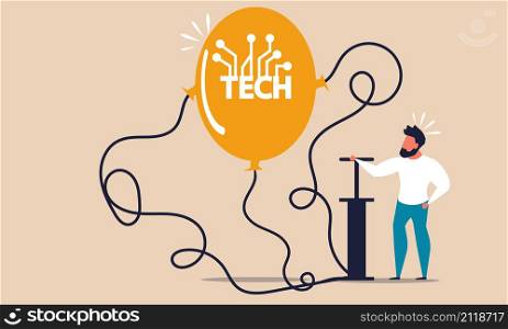 Tech bubble balance and financial risk technology company. Inflating capital and investment money to stock market vector illustration concept. Insecurity support finance and big burst crisis