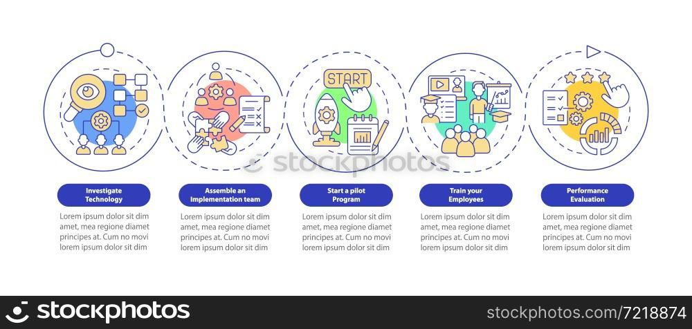 Tech integration vector infographic template. Employee training presentation outline design elements. Data visualization with 5 steps. Process timeline info chart. Workflow layout with line icons. Tech integration vector infographic template