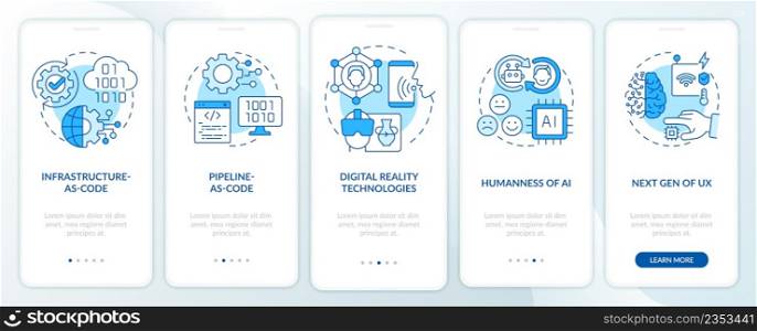 Tech macro trends blue onboarding mobile app screen. Digital systems walkthrough 5 steps graphic instructions pages with linear concepts. UI, UX, GUI template. Myriad Pro-Bold, Regular fonts used. Tech macro trends blue onboarding mobile app screen