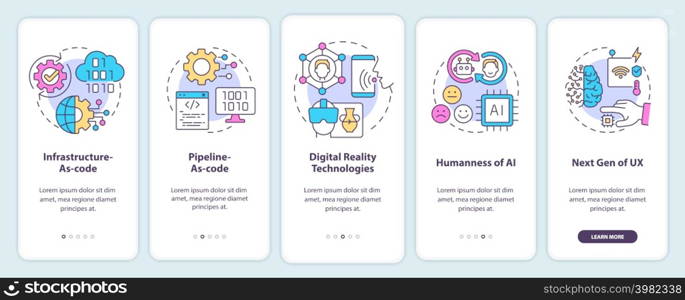 Tech macro trends onboarding mobile app screen. Digital systems walkthrough 5 steps graphic instructions pages with linear concepts. UI, UX, GUI template. Myriad Pro-Bold, Regular fonts used. Tech macro trends onboarding mobile app screen