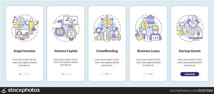 Tech startup financing options onboarding mobile app screen. IT walkthrough 5 steps editable graphic instructions with linear concepts. UI, UX, GUI template. Myriad Pro-Bold, Regular fonts used. Tech startup financing options onboarding mobile app screen