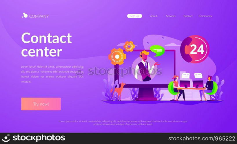 Tech support, clients assistance and hotline, help hotline, call centre. Contact center, customer service point, customer relationship management concept. Website homepage header landing web page template.. Contact center landing page template