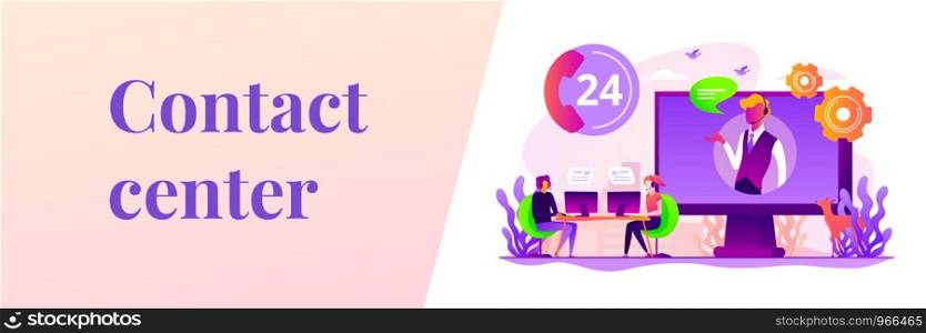 Tech support, clients assistance and hotline, help hotline, call centre. Contact center, customer service point, customer relationship management concept. Header or footer banner template with copy space.. Contact center web banner concept