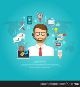 Tech support concept with male operator and customer service symbols flat vector illustration. Tech Support Concept
