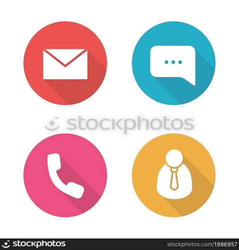 Tech support flat design icons set. Call center client manager. Live online chat and customer service. Telephone consultation. Office work long shadow silhouette symbols. Vector infographic elements. Tech support flat design icons set
