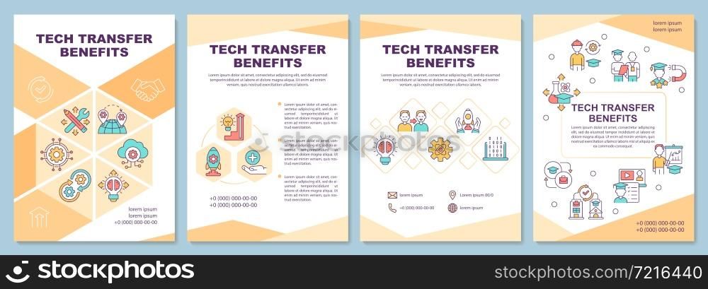 Tech transfer benefits brochure template. Partnership advantages. Flyer, booklet, leaflet print, cover design with linear icons. Vector layouts for presentation, annual reports, advertisement pages. Tech transfer benefits brochure template