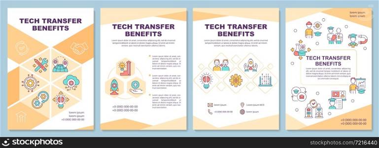 Tech transfer benefits brochure template. Partnership advantages. Flyer, booklet, leaflet print, cover design with linear icons. Vector layouts for presentation, annual reports, advertisement pages. Tech transfer benefits brochure template