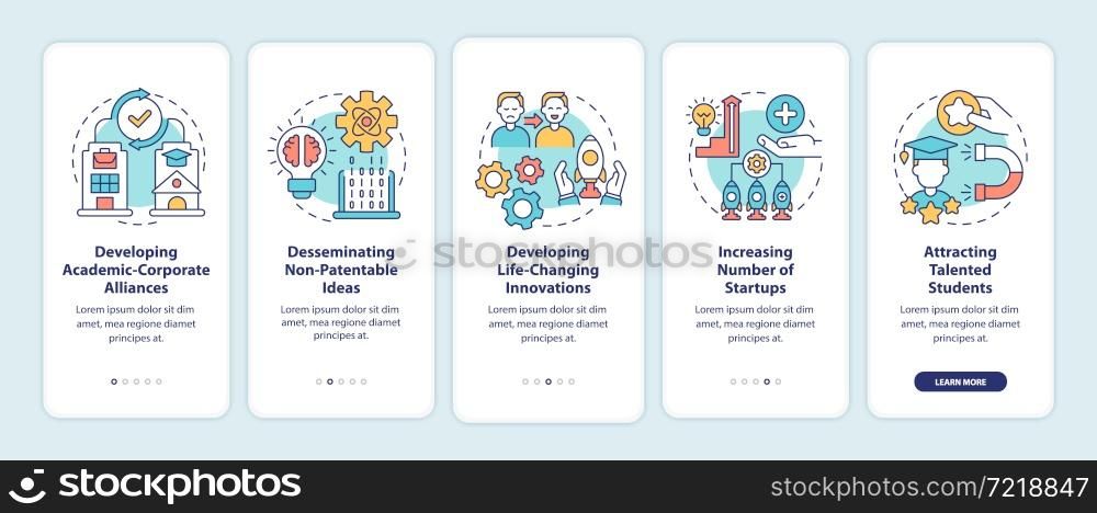 Tech transfer benefits onboarding mobile app page screen. Developing innovations walkthrough 5 steps graphic instructions with concepts. UI, UX, GUI vector template with linear color illustrations. Tech transfer benefits onboarding mobile app page screen