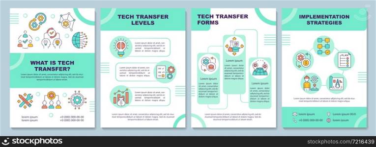Tech transfer brochure template. New knowledge implementation. Flyer, booklet, leaflet print, cover design with linear icons. Vector layouts for presentation, annual reports, advertisement pages. Tech transfer brochure template