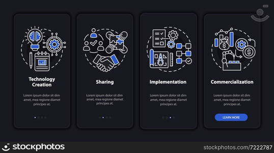 Tech transfer stages onboarding mobile app page screen. Develop and disseminate walkthrough 4 steps graphic instructions with concepts. UI, UX, GUI vector template with linear night mode illustrations. Tech transfer stages onboarding mobile app page screen