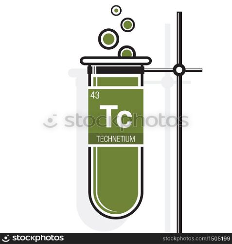 Technetium symbol on label in a green test tube with holder. Element number 43 of the Periodic Table of the Elements - Chemistry