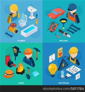 Technic Professions Isometric Icon Set. Plumber mechanic electric and miner profession man with tools isometric icons set isolated vector illustration