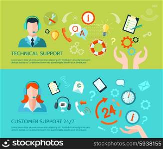 Technical Assistance And Support Banners. Comprehensive technical assistance and round the clock customer support flat style horizontal banners isolated vector illustration