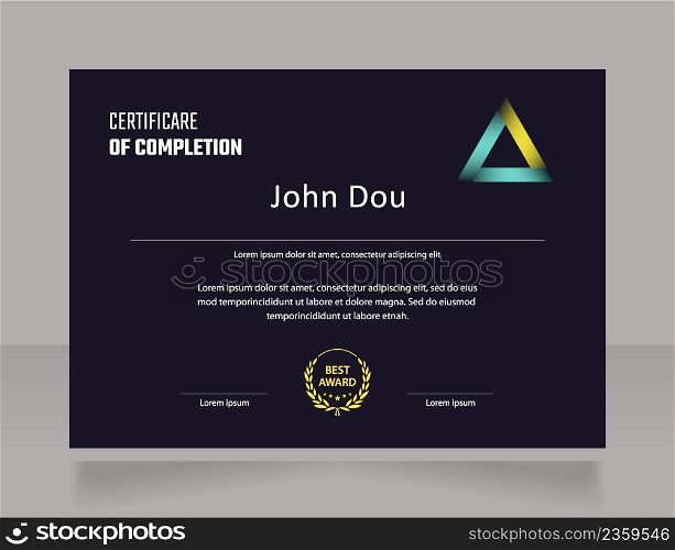 Technical course certificate design template. Vector diploma with customized copyspace and borders. Printable document for awards and recognition. Teco Light, Semibold, Arial Regular fonts used. Technical course certificate design template