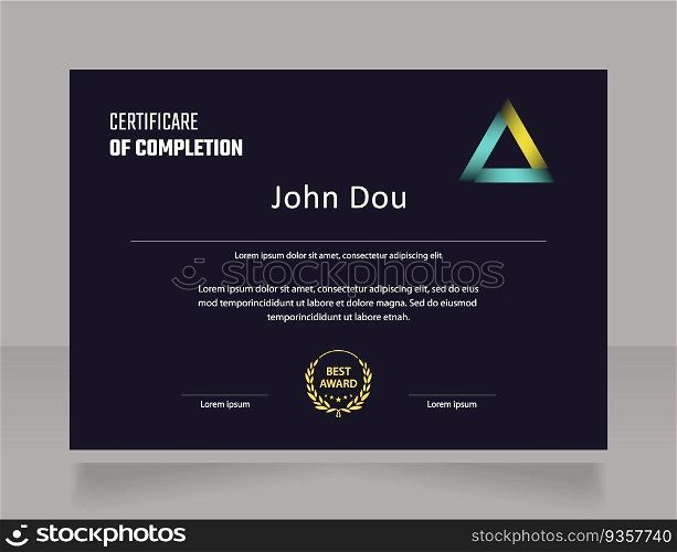 Technical course certificate design template. Vector diploma with customized copyspace and borders. Printable document for awards and recognition. Teco Light, Semibold, Arial Regular fonts used. Technical course certificate design template