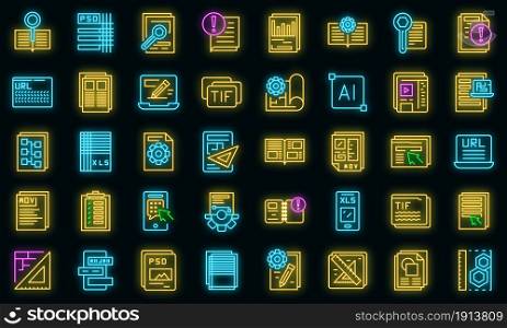 Technical document icons set. Outline set of technical document vector icons neon color on black. Technical document icons set vector neon