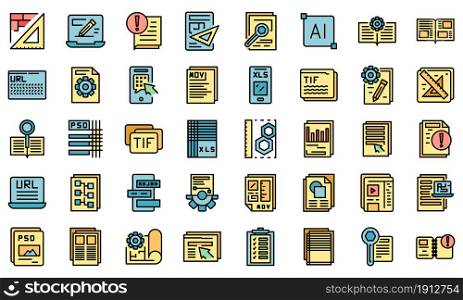 Technical document icons set. Outline set of technical document vector icons thin line color flat on white. Technical document icons set vector flat
