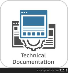 Technical Documentation Icon. Gear and Web Pages. Development Symbol.. Technical Documentation Icon. Gear and Web Pages. Development Symbol. Flat Line Pictogram. Isolated on white background.