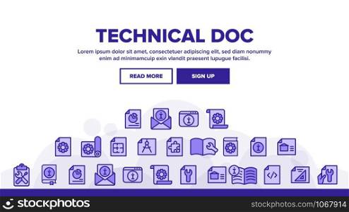 Technical Documentation Landing Web Page Header Banner Template Vector. Collection Of Technical Documentation Linear Pictograms. Plan, Instruction, Blueprint And Manual Illustration. Technical Documentation Landing Header Vector