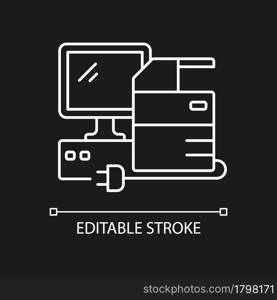 Technical equipment white linear icon for dark theme. Assets including mainframe computers. Thin line customizable illustration. Isolated vector contour symbol for night mode. Editable stroke. Technical equipment white linear icon for dark theme