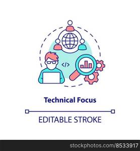Technical focus concept icon. IT consulting for startup abstract idea thin line illustration. Diagnosing system faults. Isolated outline drawing. Editable stroke. Arial, Myriad Pro-Bold fonts used. Technical focus concept icon