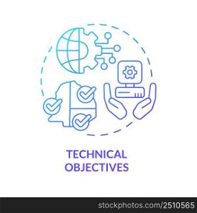 Technical objectives blue gradient concept icon. Development of technology. International cooperation targets abstract idea thin line illustration. Isolated outline drawing. Myriad Pro-Bold font used. Technical objectives blue gradient concept icon