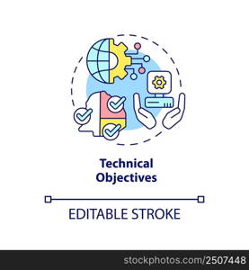 Technical objectives concept icon. International cooperation targets abstract idea thin line illustration. Isolated outline drawing. Editable stroke. Arial, Myriad Pro-Bold fonts used. Technical objectives concept icon