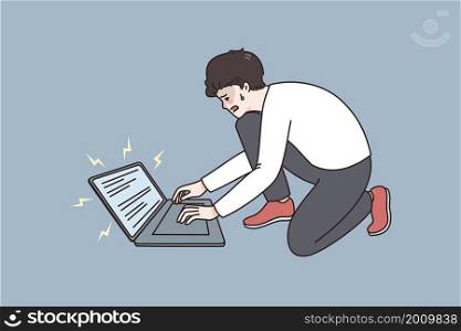 Technical problem and technologies concept. Young sad stressed man sitting and trying to revive his broken laptop vector illustration . Technical problem and technologies concept