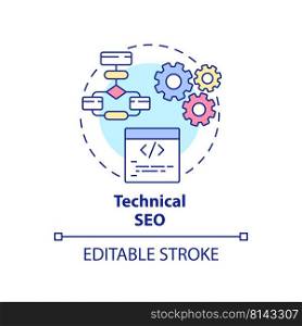 Technical SEO concept icon. Improve website code. SEO ranking factor abstract idea thin line illustration. Isolated outline drawing. Editable stroke. Arial, Myriad Pro-Bold fonts used. Technical SEO concept icon