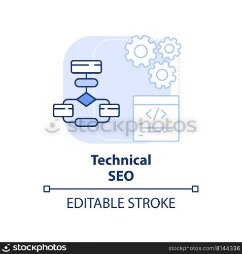 Technical SEO light blue concept icon. Improve website code. SEO ranking factor abstract idea thin line illustration. Isolated outline drawing. Editable stroke. Arial, Myriad Pro-Bold fonts used. Technical SEO light blue concept icon