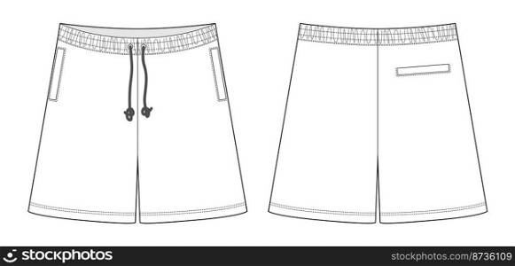 Technical sketch blank shorts pants design template. Casual shorts with pockets and lace. CAD mockup. Front and back. Fashion vector illustration.. Technical sketch blank shorts pants design template. Casual shorts with pockets and lace.