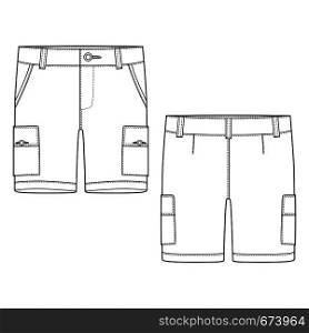 Technical sketch cargo shorts pants design template. Cargo Pants. Fashion vector illustration. Technical sketch cargo shorts pants design template.