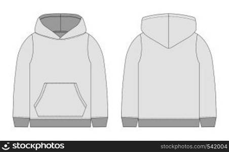 Technical sketch for men grey hoodie. Mockup template hoody. Front and back view. Technical drawing kids clothes. Sportswear, casual urban style. Isolated object of fashion stylish wear. Technical sketch for men grey hoodie. Mockup template hoody.