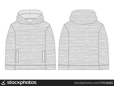 Technical sketch for men hoodie in melange fabric. Mockup template hoody. Technical drawing kids clothes. Sportswear, casual urban style. Front and back view. Isolated object of fashion stylish wear. Technical sketch for men hoodie in melange fabric. Mockup template hoody.